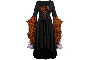 High Low Witch Costume Dress Plus Size Vintage Batwing Sleeve Skull Print Lace Up Flowy Halloween Costume