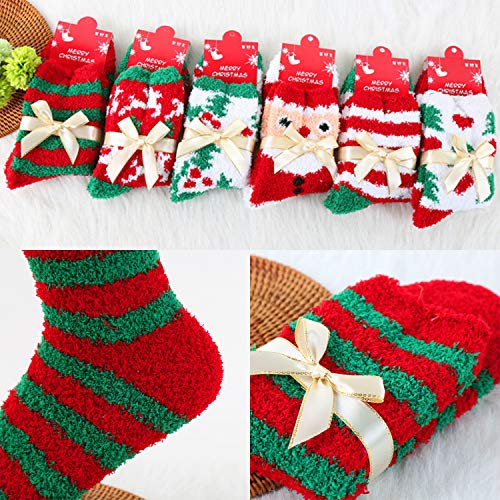 Christmas Fuzzy Socks,Kapmore 6 Pairs Cute Coral Fleece Warm Cozy Socks Holiday Slipper Winter Socks XMAS Fluffy Crew Socks for Women Girls