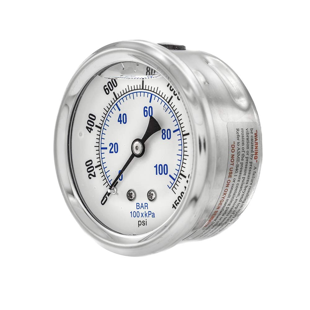 PIC Gauge PRO-202L-254N Glycerin Filled Industrial Center Back Mount Pressure Gauge with Stainless Steel Case, Brass Internals, Plastic Lens, 2-1/2" Dial Size, 1/4" Male NPT, 0/1500 psi
