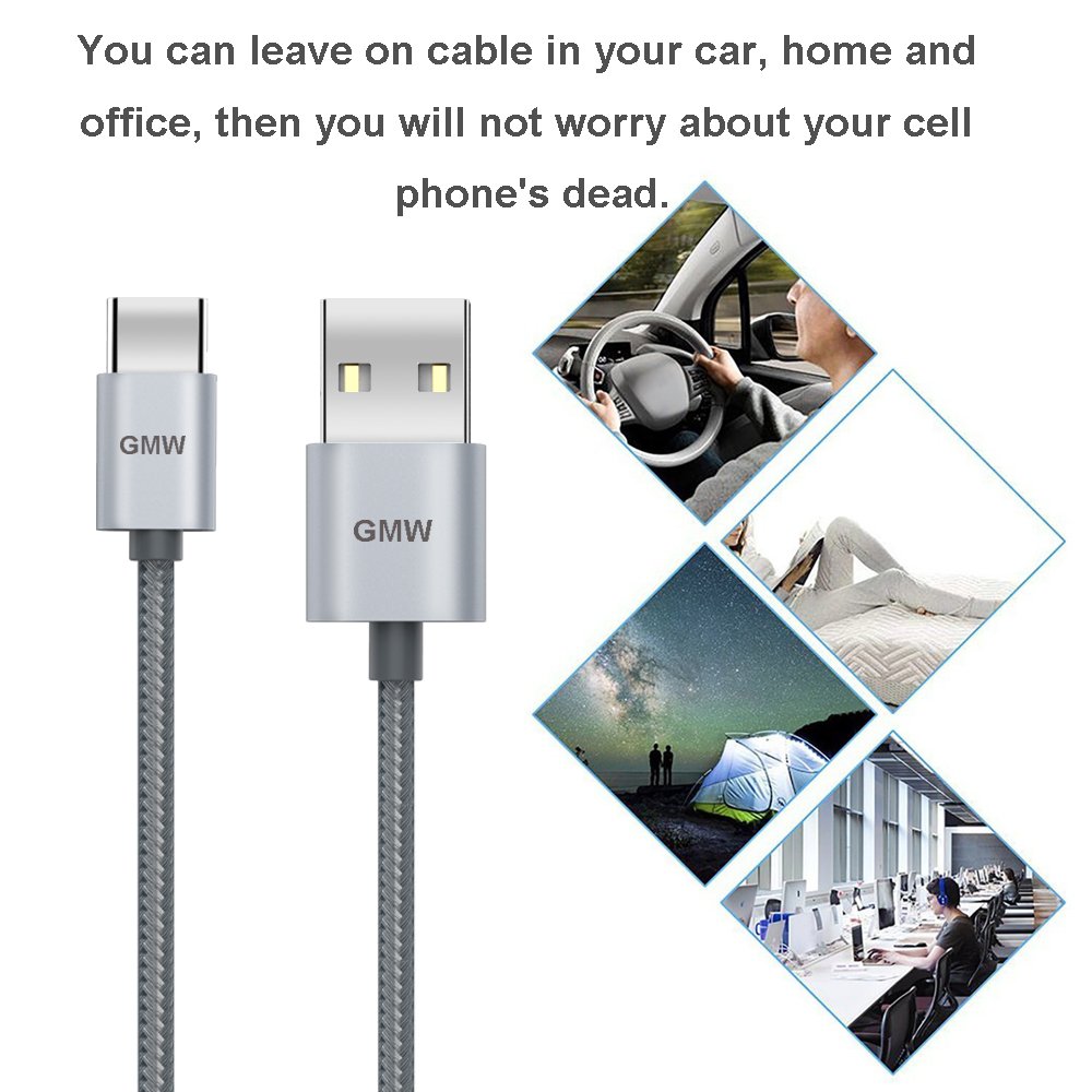 USB Type C Fast Charging Cable, GMW USB Type A to Type C Charger Cord Nylon Braided 6.6 FT 2 Pack for Huawei P20, Samsung Galaxy S9, Note 8, S8 Plus, Google Pixel