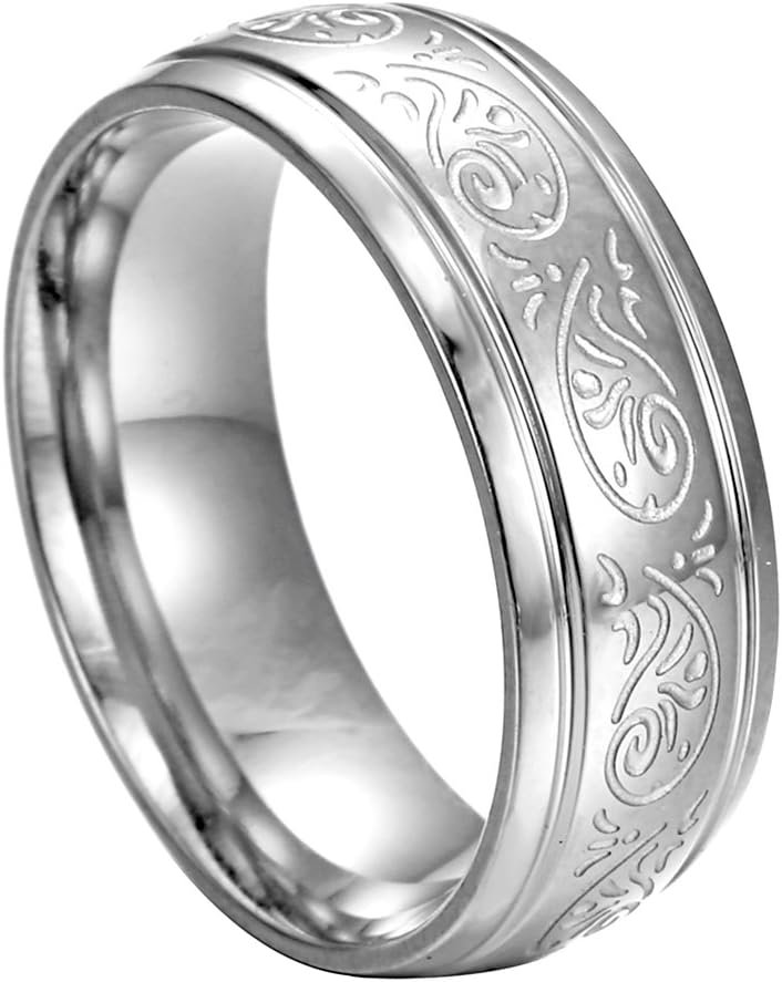 Heraculs 316L Stainless Steel Ring Band 7MM for Man Women Eternity Wedding Engagement Engraved Florentine Design Size 5-13