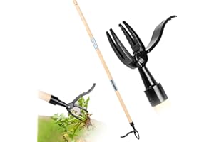 BIGKING Weed Puller Stand Up Weeder, 44" Manual Weed Puller Tool with Long Wooden Handle, Heavy-Duty Stainless Steel 4-Claw Head, Easily Remove Weeds Without Bending or Kneeling