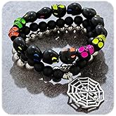 DEFOLUX Halloween Skeleton Elastic Bracelets for Women, 3pcs Spooky Acrylic Skull Pumpkin Bead Bracelet Set,Halloween Party Costume Jewelry