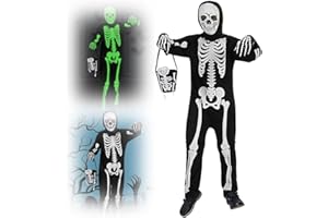 Kids Skeleton Costume Halloween Skeleton Jumpsuit with Bag Glow in The Dark for Boys Girls