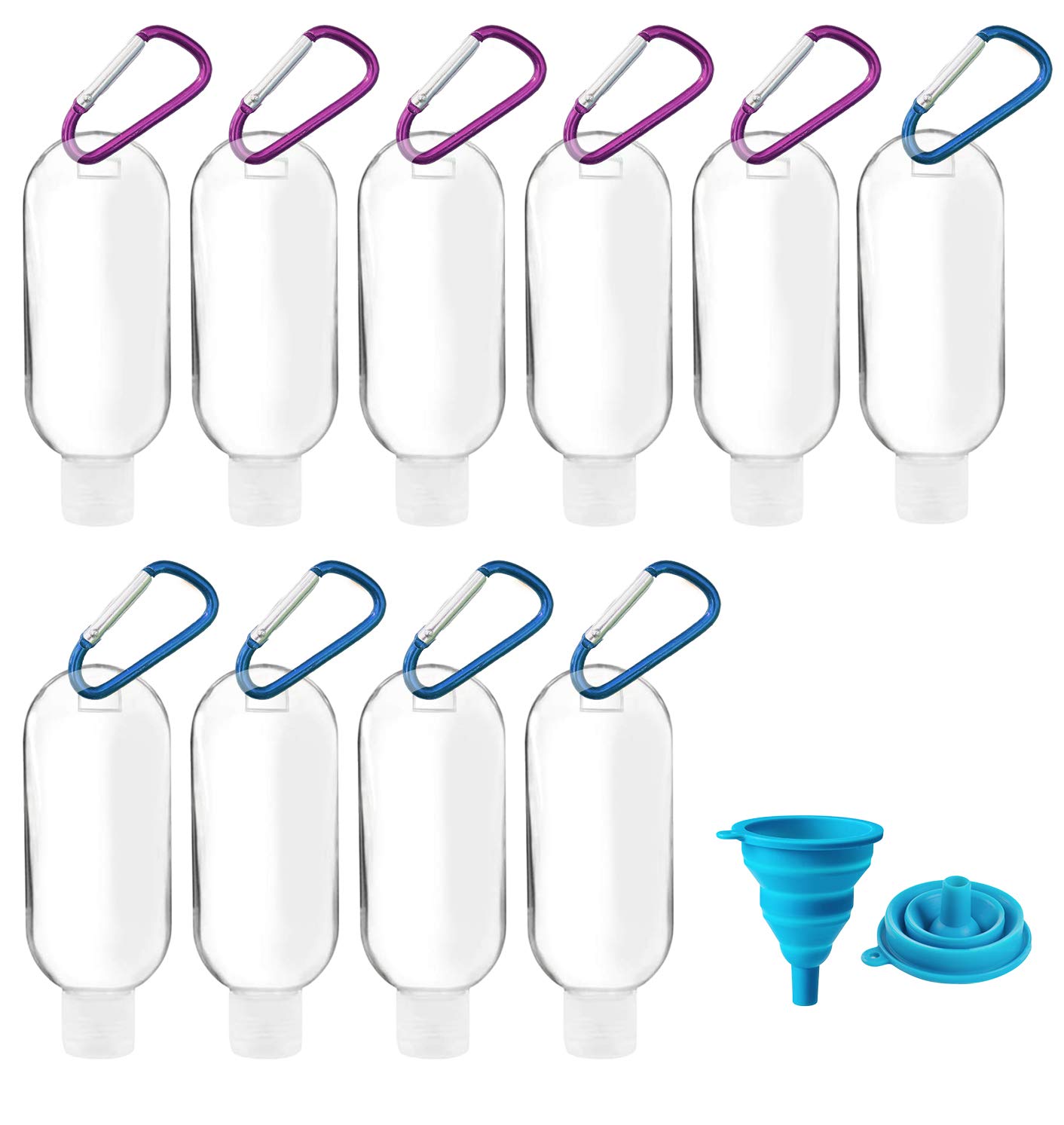 Travel Bottles, 50ml Clear Plastic Bottles Small Squeeze Empty Bottles Leak Proof Travel Size Containers with Flip Cap (10 Pack, 1 Silicone Collapsible Funnel and 10 Carabiner Included)