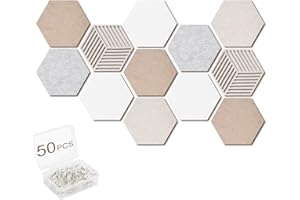 Acidea 12Pcs Hexagon Cork Boards for Walls, Self Adhesive DIY Bulletin Board Felt Cork Board Tiles with 50 Push Pins, Pin Boa