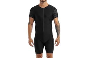 renvena Men's One Piece Short Sleeve Zipper Front Wrestling Singlet Dance Leotard Bodysuit Biketard