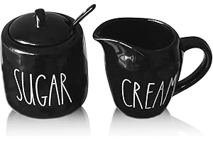 CHONIC Sugar and Creamer Set, Cream Container and Sugar Holder Set for Coffee Bar, Farmhouse Sugar Bowl with Lid and Spoon, Ceramic Sugar Dispenser and Creamer Pitcher Set for Countertop (Black)