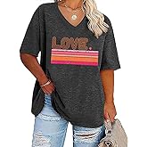 QIANRUO Plus Size Valentine's Day Shirt Women Retro Lover Heart Graphic Tees Casual Short Sleeve V-Neck Tops Blouse