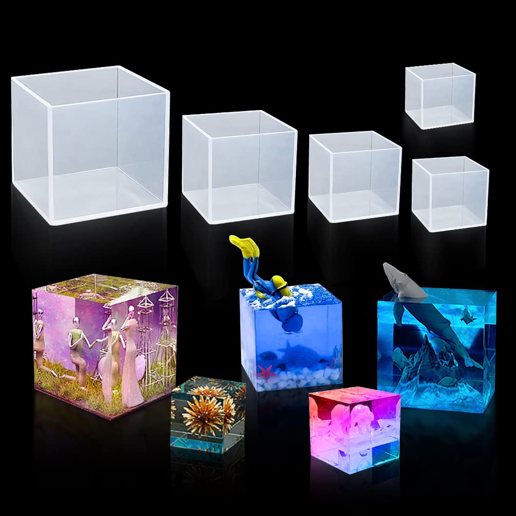 Rolin Roly 5PCS Cube Resin Moulds Square Silicone Mould Geometry Crystal Epoxy Mold Gem Stone Jewelry Molds Dried Flower Filling DIY Craft for Home Decoration (5-6CM)