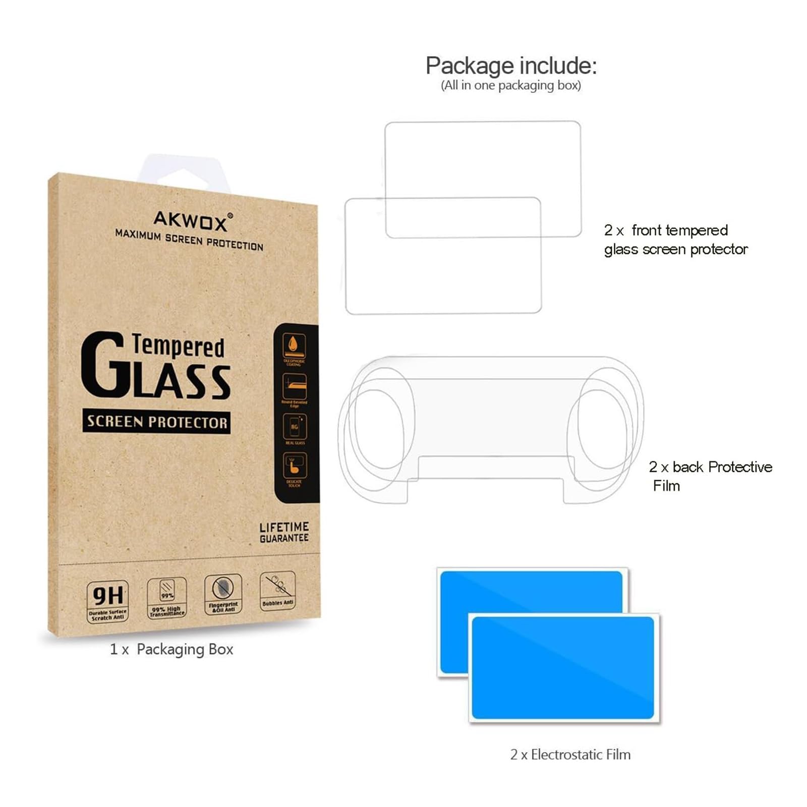 AKWOX 2 Front+2 Back Covers Screen Protectors Compatible with Sony PlayStation Vita 1000, (4-Pack) 9H Tempered Glass Front Screen Protector and HD Clear PET Back Screen Protective Film