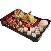 JapanBargain Traditional Japanese Bento Box 6-Compartment Lacquered Lunch Plate, Plastic Obento Tray for Restaurant or Home Use, 14"x9.25", Red and Black, Made in Japan