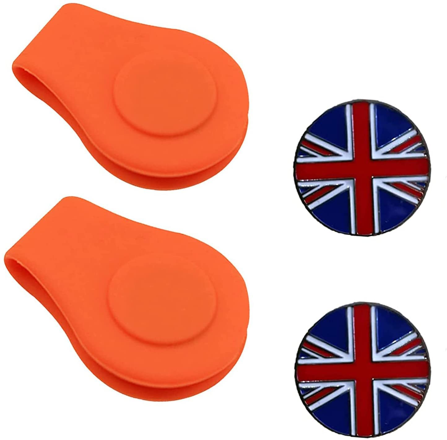 AMRTA Silicone Golf Hat Clip Holder 2 Pcs with 2 Ball Markers Magnetic for Putting Green, Personalised Golf Accessory Gifts for Golfer Men Women Ladies (ORANGE + UK FLAG)