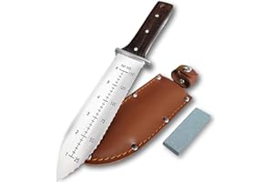 gonicc Professional Hori Hori Garden Knife with Leather Sheath, Protective Handguard, High polished 440 Stainless Steel Blade, Sharpening Stone Included, for Weeding, Digging, Pruning, and Cultivating