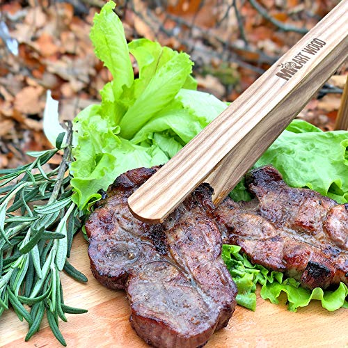 Mr.Art Wood Long Wooden BBQ Tongs (Pack of 2), 11,8" Generous Length, Best for Grilled Meat, Steaks, Fruits, Vegetables or Bread & Toaster at Kitchen, 100% Natural Ash Wood