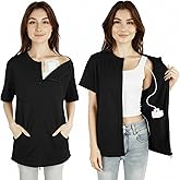 Women's Post-Mastectomy Recovery & Chemo Shirts for Port Access - One-Hand Shoulder Zip Short Sleeve with Drain Bag Pocket