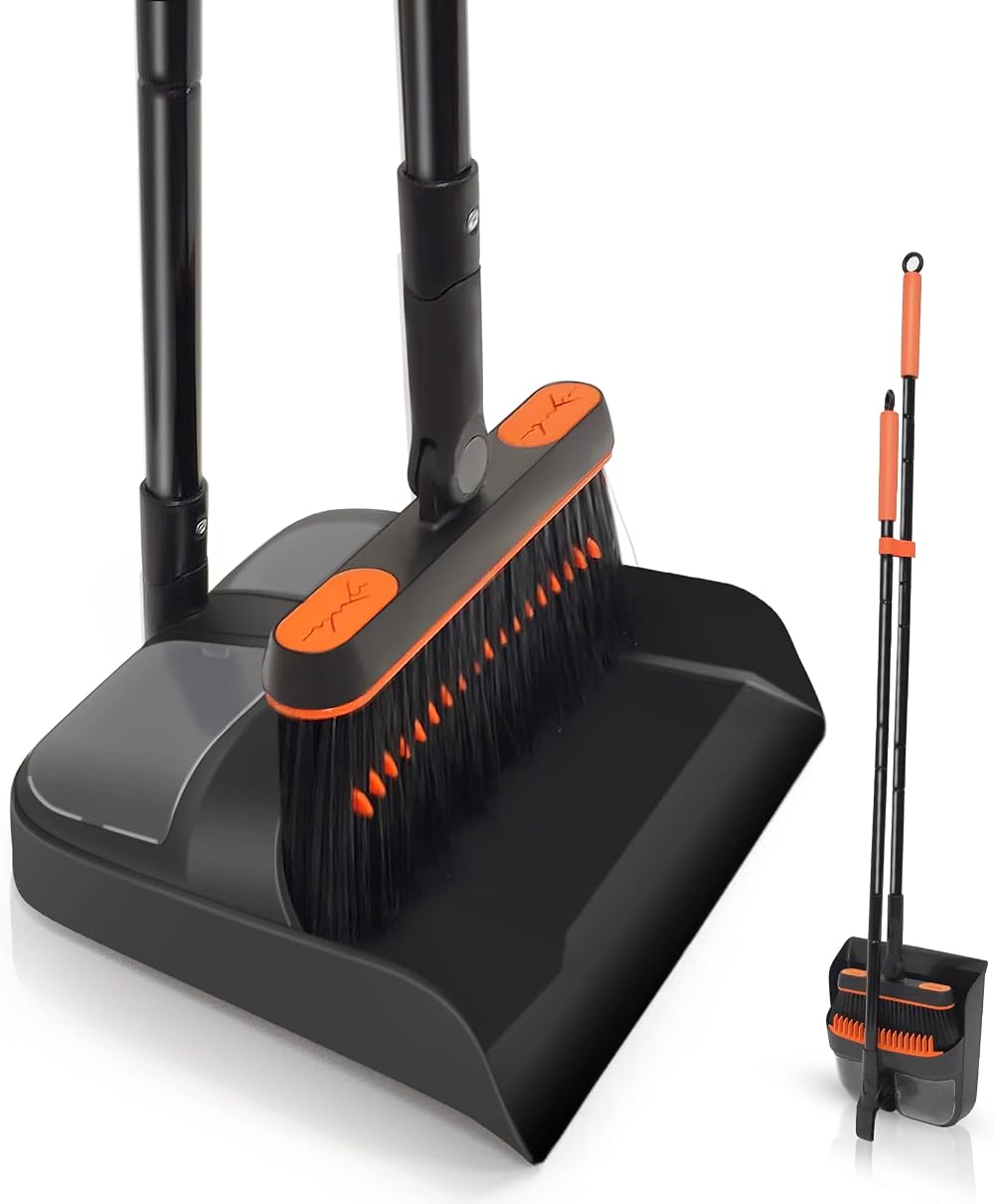 JEHONN Dustpan and Brush Set Long Handle 138cm 180° Swivel Orange Black