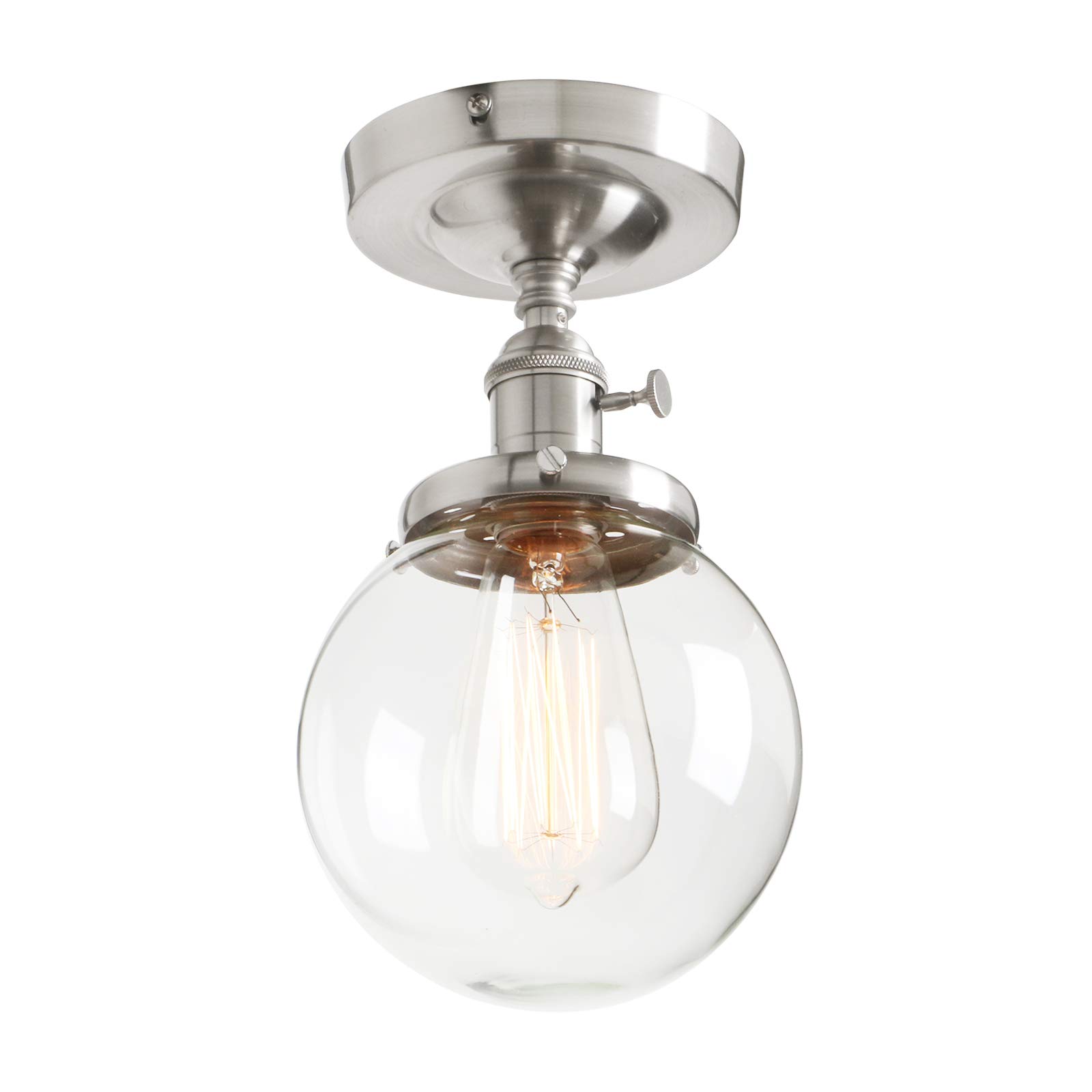 Phansthy Vintage Ceiling Light Fitting with Switch, Modern Clear Glass Flush Mounted Ceiling Lamp E27 Base, Hallway Lighting Fixtures Suitable for Kitchen Loft Cafe Bar (Brushed Steel)