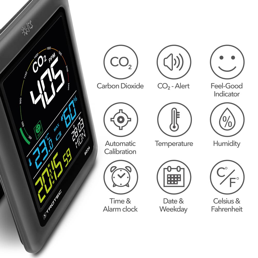 TROTEC CO2 Messgerät BZ26 – Luftqualitätsmonitor – Messbereich 400 bis 5000 PPM, Lufttemperatur, Relative Luftfeuchte, Wohlfühlindikator-Anzeige 4