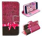 iphone 5C Case,Sexy Leopard Bowtie Credit ID Card Slot Holder Wallet Flip Phone Case With Stand --Retail Package W Screen Protector --Pink