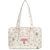 Yeyeplum Pink Coquette Bag White Floral Handbag Kawaii Handbag Coquette Bow Quilted Duffle Bag for Women Shoulder Purse with Bow Pearl Keychain for Christmas Gifts Business Travel Trip