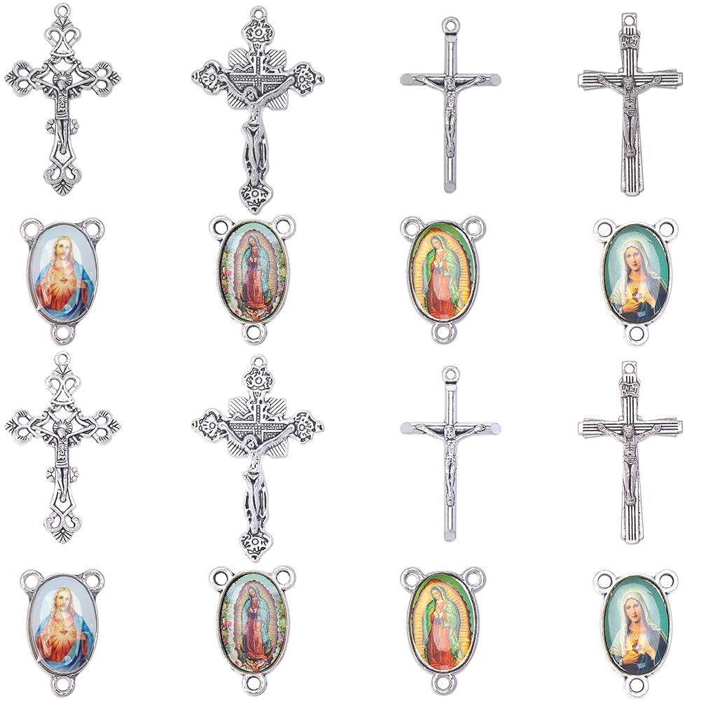SUNNYCLUE 1 Box 40Pcs 8 Styles Rosary Cross Charms Crucifix Charm Bulk Easter Tibetan Silver Oval Chandelier Links Rosary Connectors Cross Charm Findings for jewellery Making Supplies DIY Necklace