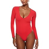 INLYRIC Women's Natrelax V Neck Long Sleeve Bodysuit Sexy Thong Body suits Tops Double Lined