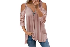 SHOPESSA Women's Off The Shoulder Tops Plus Size Zip Up Hollow Lace T Shirts 3/4 Sleeve Blouses for Women Fashion
