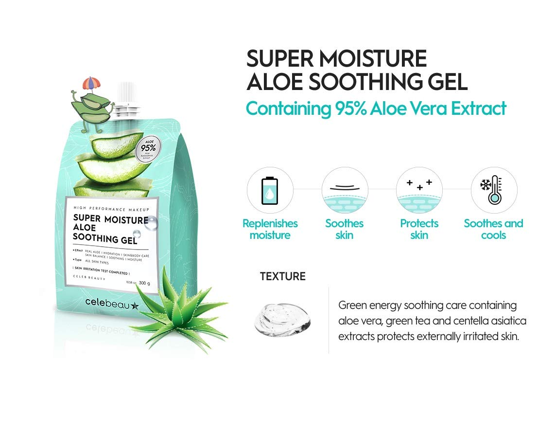 CELEBEAU - Super Moisture Aloe Soothing Gel - 95% Aloe Extract - Maximum Soothing & Hydration for All Sensitive Skin Types - Excellent After Sun Care Relief - 300g : Beauty
