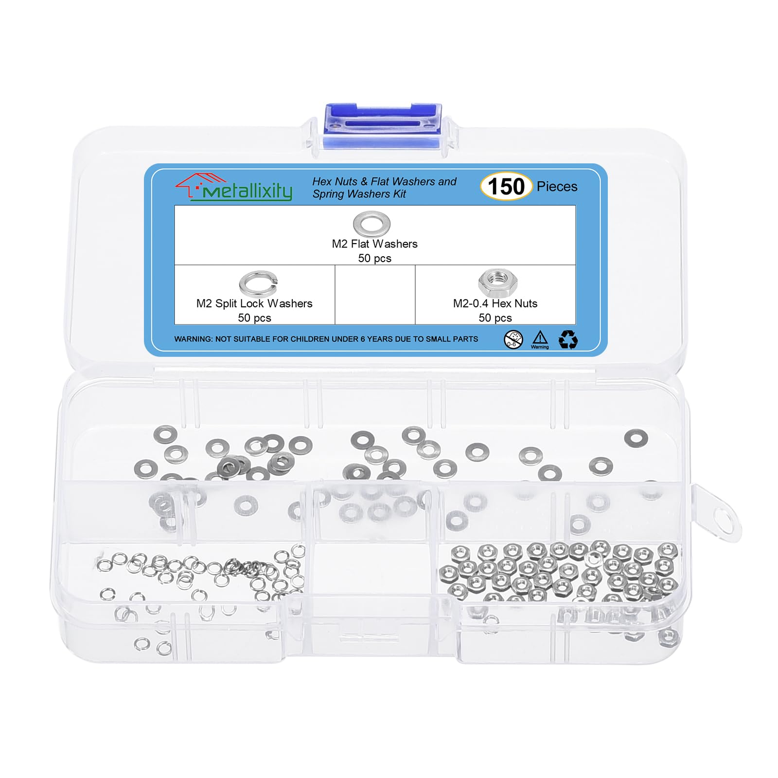 METALLIXITY Hex Nuts Assortment Kit (M2-0.4 Hex Nuts with M2 Flat Washers & Split Lock Washers) 150Pcs, 304 Stainless Steel Hexagon Nut Hardware Kit