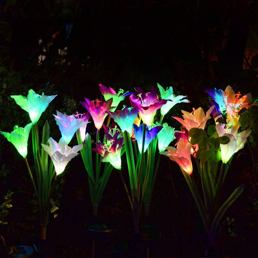Outdoor Solar Garden Stake Lights - Wohome 2 Pack Solar Flower Lights with 8 Lily Flower, Multi-Color Changing LED Lily Solar Powered Lights for Patio, Yard Decoration - - 