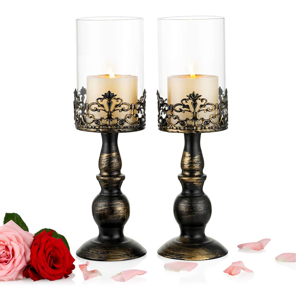 NUPTIO 2 Pcs Vintage Candle Holders for Tables, Black Pillar Candle Holder with Glass Cover, Antique Hurricane Candlestick Display for Home Wedding Christmas Party Candlelight Dinner Decoration
