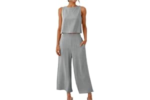 yelldesk Women's 2 Piece Outfits Lounge Sets Casual Sleeveless Square Neck Linen Tank Crop Top with Wide Leg Pants Sets