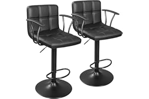 ERGOSEAT Bar Stools Set of 2, Armrest Adjustable Swivel Barstools with Back, Double Needle PU Leather Counter Height Chairs for Kitchen lsland (Black)