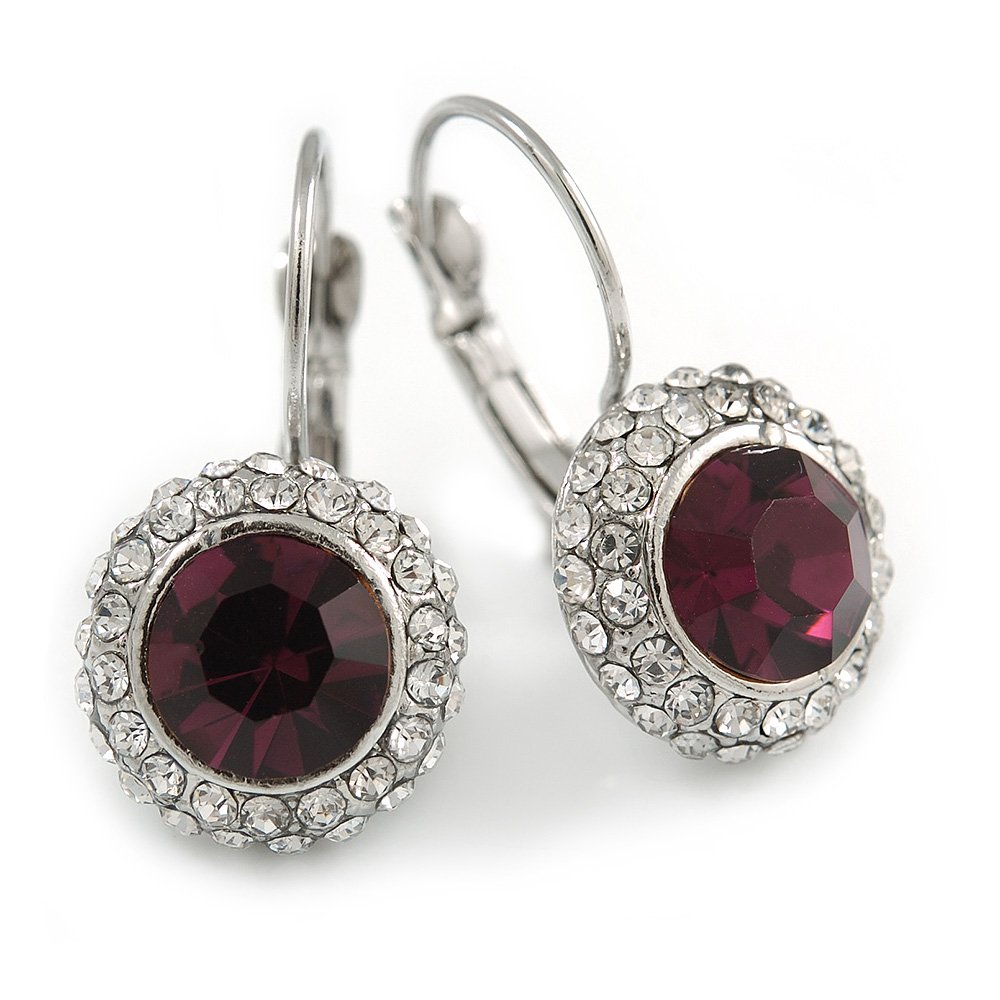 Round-Cut Purple Glass/Clear Crystal Drop Earrings With Leverback Closure/Rhodium Plated/ 27mm L