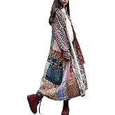 LUZU JUNU Women's Penny Lane Trench Coat Floral Patchwork Duster, Cotton Linen Frog Button Boho Cottagecore