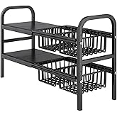 Under Sink Organizers, 2 Tier Stretchable Cabinet Shelf Organizer with 4 Removable Panels and 4 Under Shelf Basket for Under Bathroom Storage,Under Cabinet Shelves,kitchen Sink Storage Rack (black)