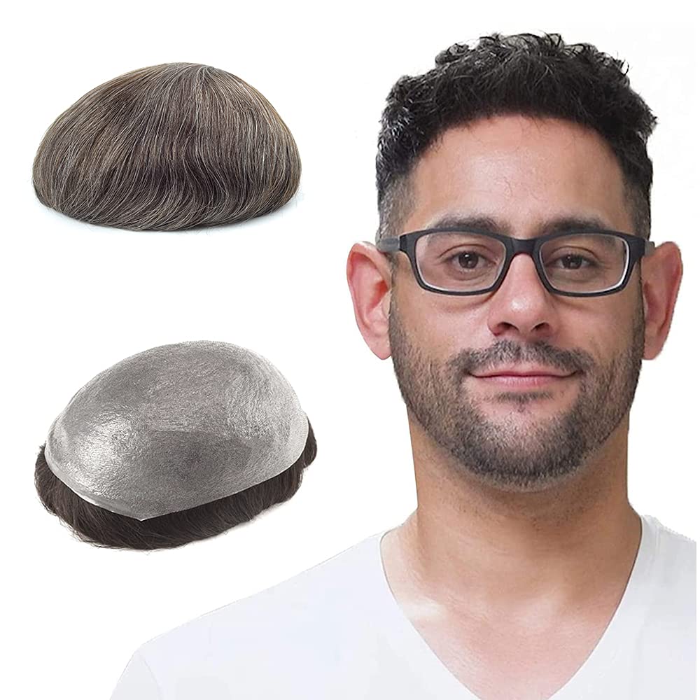 Lordhair Human Hair System for Men, Mens Hair System Mens Toupee 0.03mm Thin Skin Hair Replacement System Base Size 8x10 Inch Light Medium Density Hairpiece