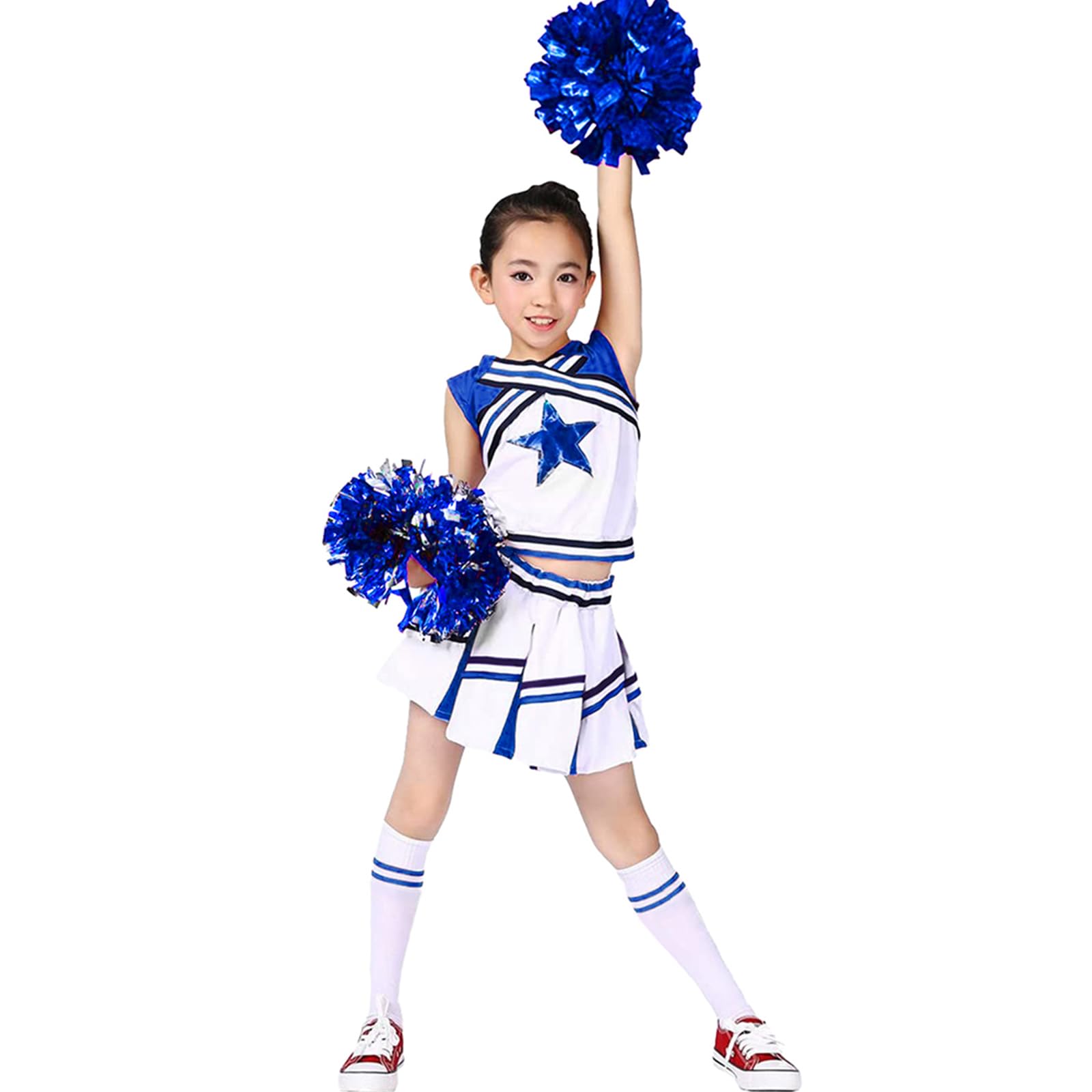 LOLANTA Girls' Cheerleading Costumes with Pompoms and Socks, Kids Halloween Fancy Dress Up, Cheerleader Outfit, Blue, 8-9 Years, 140
