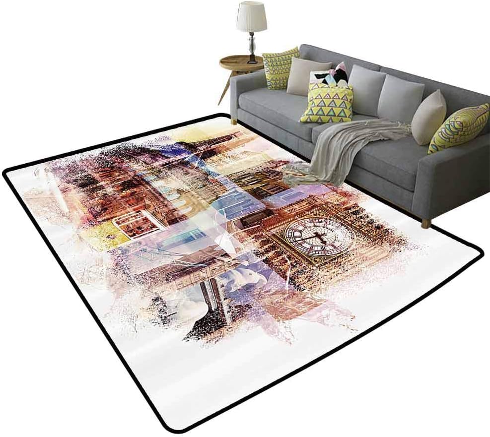 Home Decor Collection Area Rugs for Living Room Europe Popular Landmarks Theme Big Ben London Eiffel Tower Paris Coliseum Rome Canal Venice Decorative Floor Cream Blue, 5'x 6'(150x180cm)