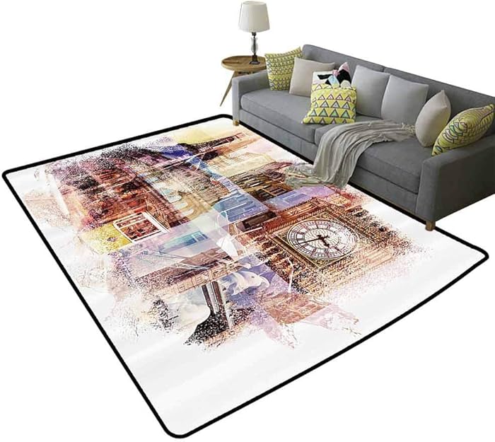 Home Decor Collection Area Rugs for Living Room Europe Popular Landmarks Theme Big Ben London Eiffel Tower Paris Coliseum Rome Canal Venice Decorative Floor Cream Blue, 5'x 6'(150x180cm)