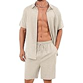 Flygo Men Cotton Linen Sets Outfits 2 Piece Summer Short Sleeve Shirt and Shorts Set Beach Wear Vacation Outfit