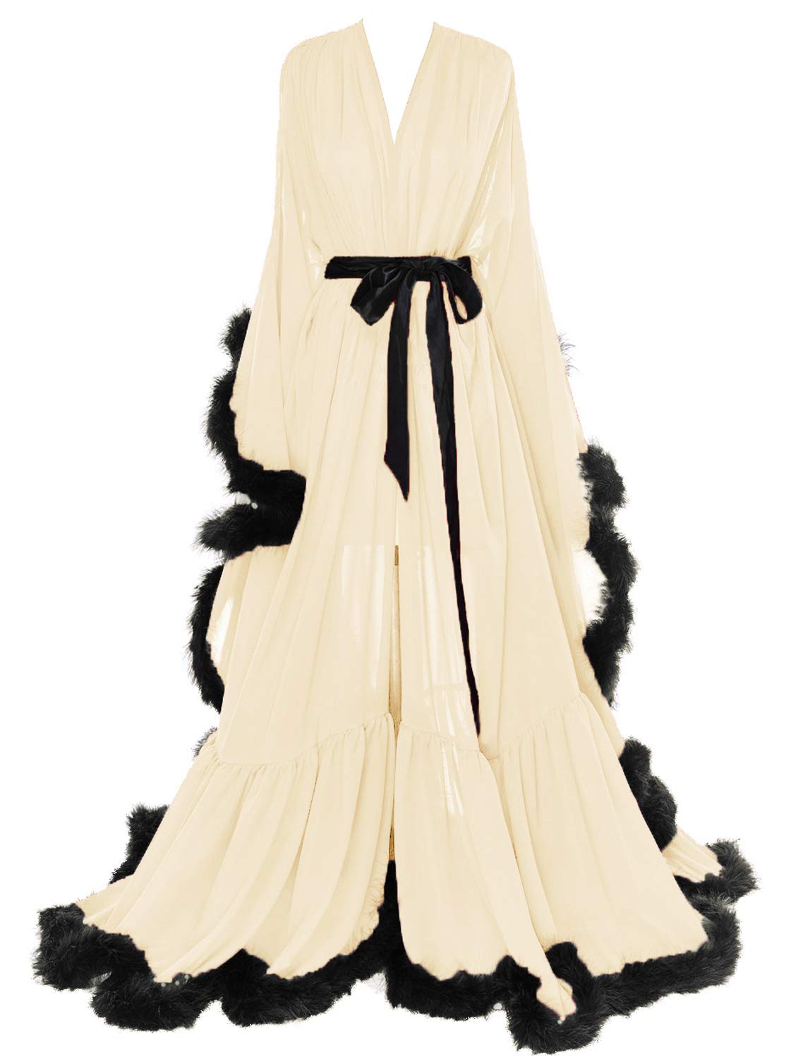 Molisa Women's Sexy Feather Bridal Robe Long Wedding Scarf Illusion Bathrobe Sleepwear Lingerie Robe Nightgown