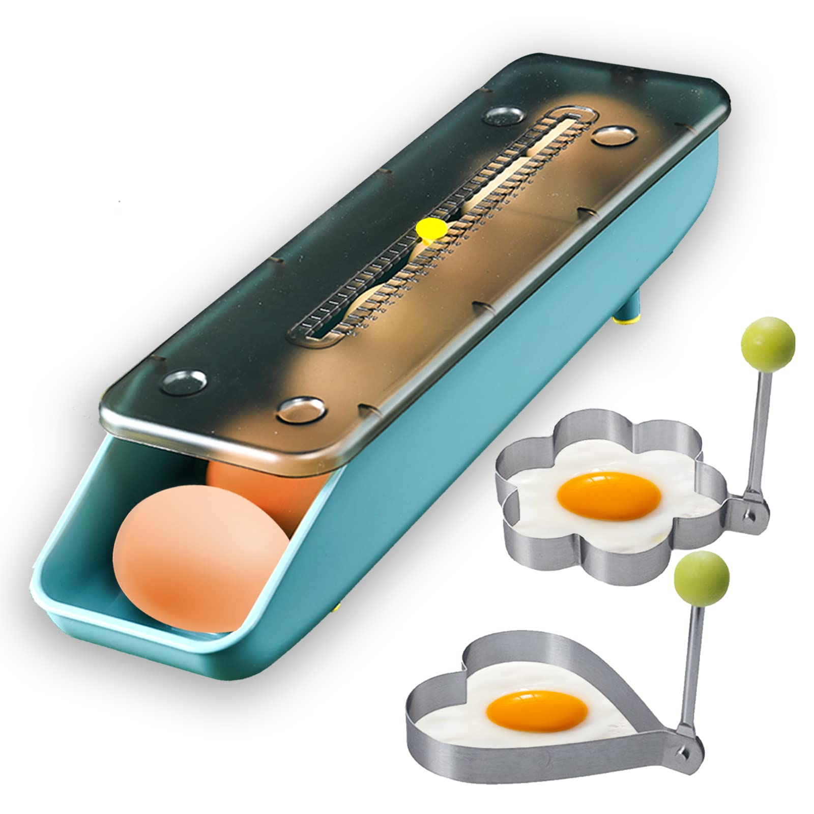QeeHeng Stackable Refrigerator Egg Holder with Auto-Scrolling System - 14-Count Fresh-Keeping Storage Container, Space-Saving Kitchen & Farm Egg Tray + 2 Free Silicone Cooker Rings
