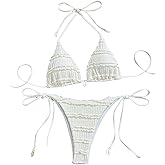 BEAUDRM Women's 2 Piece Bikini Sets Textured Halter Triangle String Swimsuit Tie Side Bathing Suit