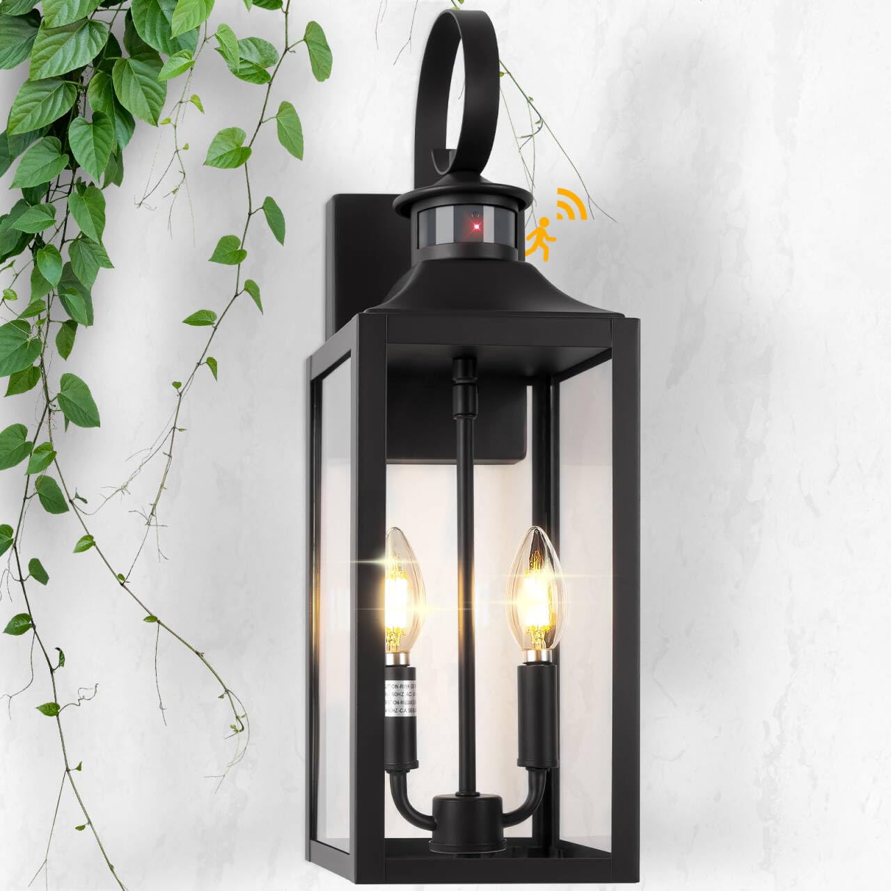 Photo 1 of 20" Black Motion Sensor Outdoor Light, Large Dusk to Dawn Outside Lighting Fixture, Exterior Farmhouse Wall Mount Porch Lantern, Waterproof Sconce Lamp for Outside Patio, 3 Modes/2-Light/1-Pack