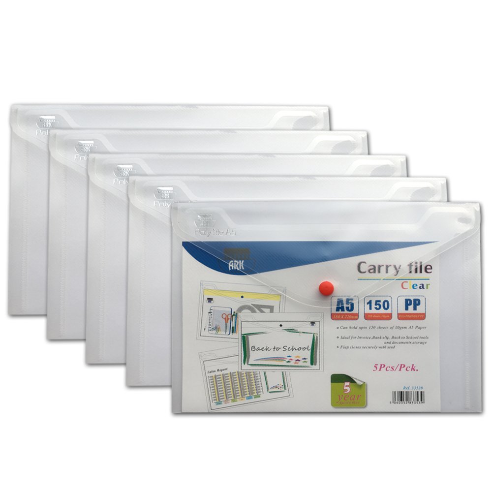 ARK Carry File Popper Wallet File with Press Stud Closure [Pack of 5] (Clear, A5)