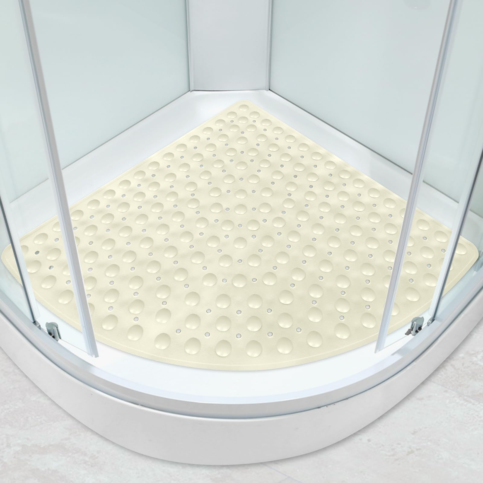 Large Corner Shower Mat Non Slip Anti Mould with Suction Cups 70x70cm Soft Texture Quadrant Bath Mat for Inside Walk-in Shower with Drain Sector Massage Floor Mat for Bathroom (Cream-colored, 70x70cm)