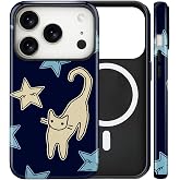 flewfun Magnetic for iPhone 18 Pro/17 Pro Cute Celestial Cat Case, Star | Grunge Whimsical Shockproof TPU and Hard PC Protective Phone Cover Compatible with MagSafe Designed for Women Girls Gift
