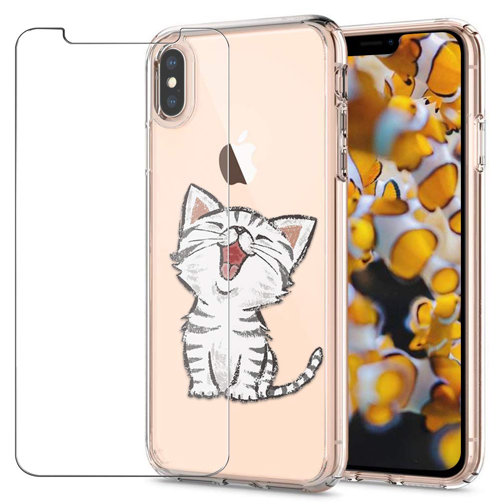 MadBee For iPhone XS/iPhone X Case + Screen Protector, Colorful Pattern Printed Design Clear Soft Flexible TPU Protective Cover Case for iPhone XS/iPhone X 5.8" (Cat 1)
